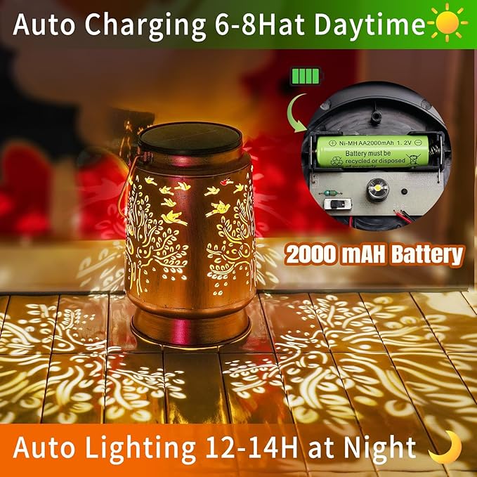 Solar Lanterns Outdoor Metal Garden Decor Gifts for Women Mom Waterproof Hanging Solar Lights Decorative Large Outdoor Lantern with Upgraded 2000mAH Battery,Decorations for Garden Patio Lawn Yard