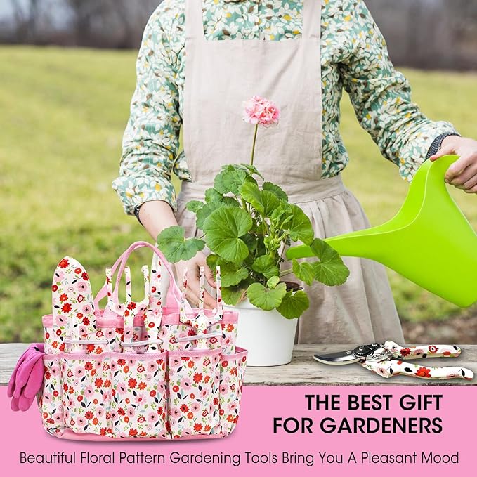 Gardening Gifts for Women, MQJIAZHI Gardening Tools for Women, Garden Tool Set, Floral Gardening Hand Tools with Garden Tools Bag, Heavy Duty Gardening Kit Women Gifts for Mom, Girlfriend (Pink)