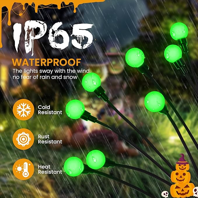 Solar Garden Lights,Halloween Lights Outdoor 20 LED Firefly Halloween Garden Lights Outdoor,Solar Lights for Outside,Solar Lights Outdoor Waterproof for Halloween,Christmas,Yard,Patio(Green)