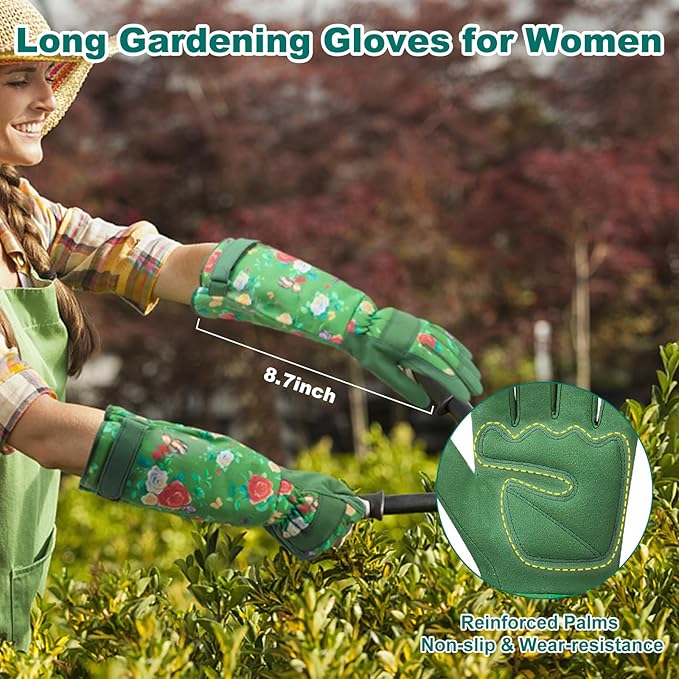 DLY Gardening Gloves for Women, Rose Gloves Gardening Thorn Proof, Long Garden Gloves for Women, Durable and Comfortable Leather Gauntlet (Medium, Green