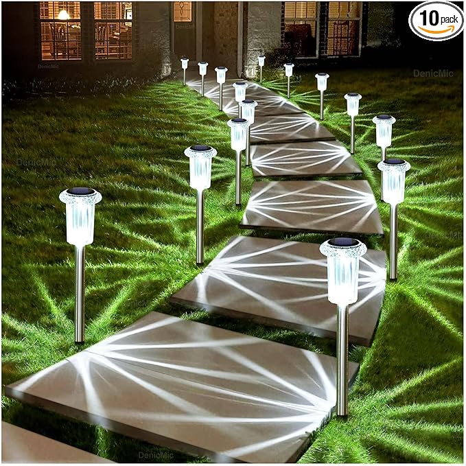 DenicMic Solar Lights Outdoor Pathway Lights 6000K LED Waterproof Acrylic Lamp Head Stainless Steel Stake for Yard Garden Landscape Path Walkway Driveway Patio Lawn (15Pack Cold White)