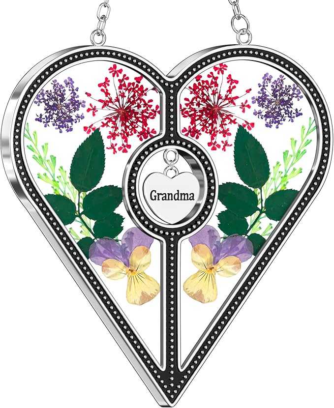 KY&BOSAM Heart Suncatcher Grandma Stained Glass for Windows Hangings Ornament Wind Chimes with Pressed Real Flower Heart Embedded in Glass Birthday Gifts for Women Grandma Mother`s Day Christmas Decor