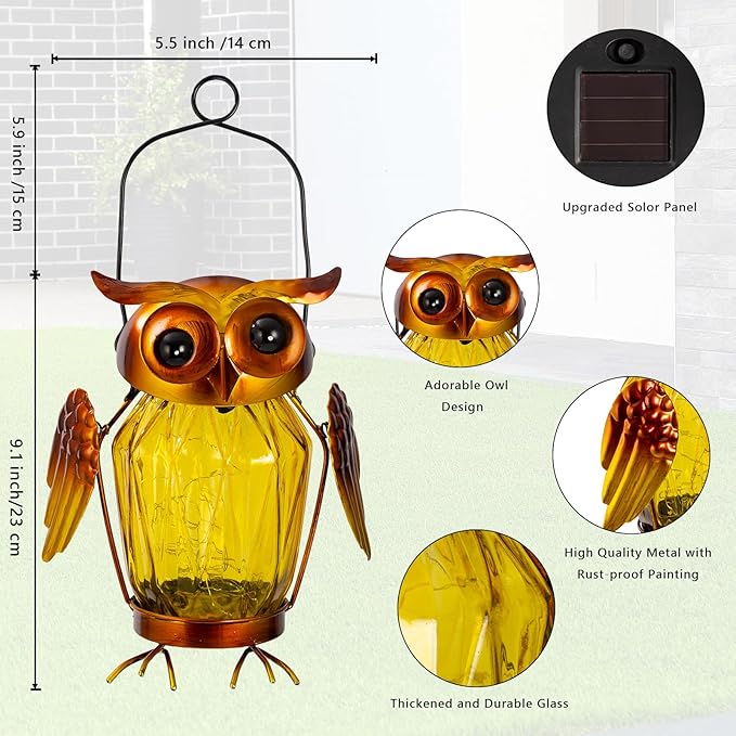 2 Pack Hanging Solar Lantern, Owl Solar Lanterns Outdoor Waterproof LED Glass Jar Lights for Garden Yard Tree Table Xmas Metal Decoration Lanterns