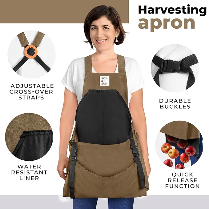 Soil & Sun Gardening Apron with Pockets and Harvesting Pouch - Durable Canvas Design for Men and Women - Convenient Tool Storage and Effortless Harvesting (Dark Beige)