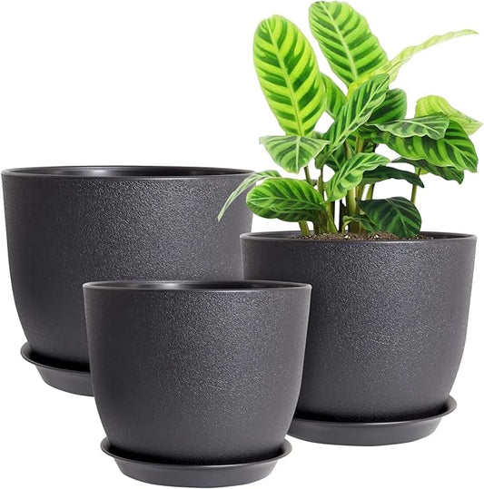 12/10/9 Large Modern Plant Pots, Plastic Planters with Drainage Holes and Saucers for Indoor Outdoor Plants Flowers, Black