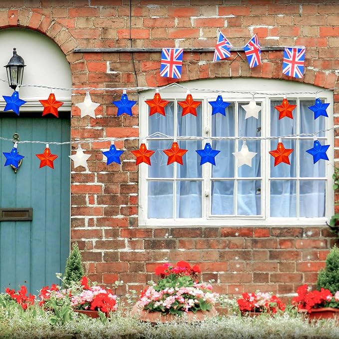 20 LED 4th of July Decor Big Star Lights, 17FT Red White and Blue Star String Lights Plug in, Memorial Day Independence Day Patriotic Decorations Outdoor Indoor for Home Garden Patio, White Wire