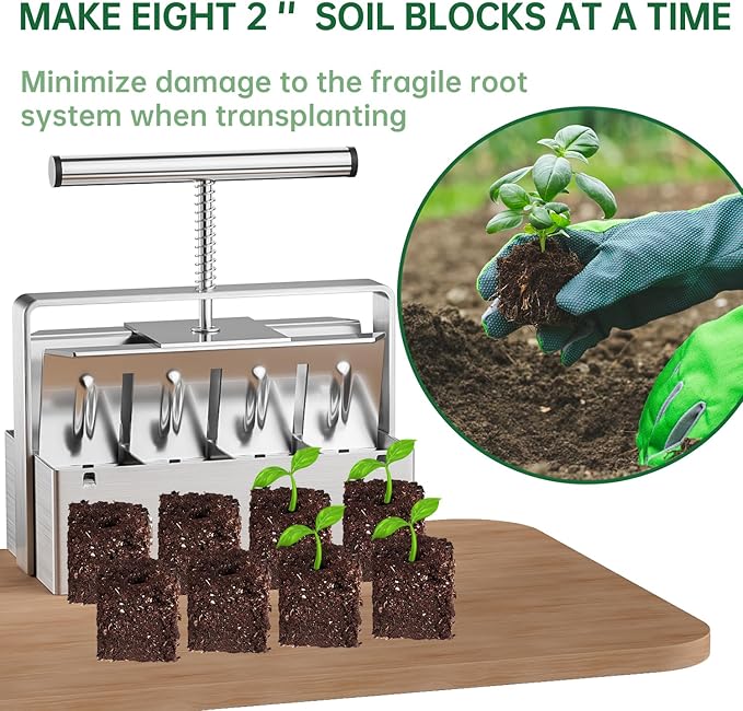 Soil Blocker, 2 Inch Soil Block Maker with 3 Sizes Seed Pins & Comfortable Handle 8 Cell Handlheld Soil Blocking Tool for Seed Starting, Grow Seedling, Outdoor Plants, Greenhouses, Garden
