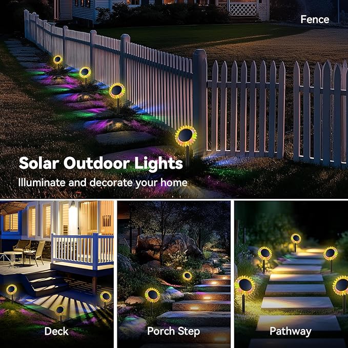 Outdoor Solar Lights, 4 Pack Upgraded Solar Sunflower Lights, Ground/Wall 2-in-1 Waterproof Solar Garden Lights for Yard, Landscape, Fence, Path, Patio, Driveway, Backyard Decor (Colourful)