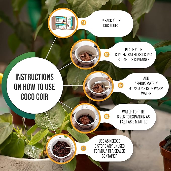 Compressed Coco Coir, 5 Pack Organic Coconut Coir, 1.4 Lbs Coco Brick, Coconut Soil with Low EC & pH Balance, Fiber for Herbs & Flowers, High Expansion, Renewable Soil for Planting
