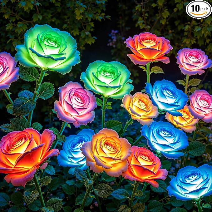 WdtPro 10 Pack Solar Lights Outdoor Decorative, Solar Powered Garden Lights Outdoor Waterproof, Color Changing Solar Flowers LED Rose Light for Outside Pathway Patio Yard Grave Garden Decor, Gifts