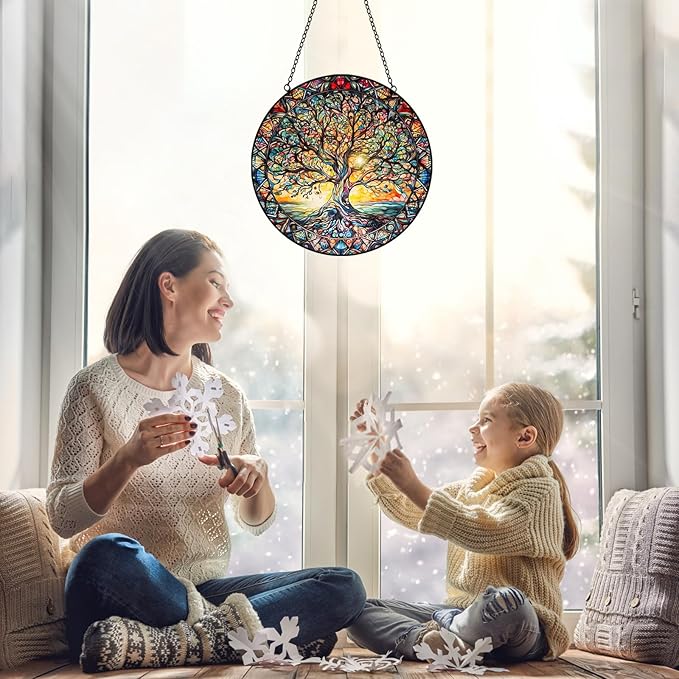 Tree of Life Suncatcher Stained Glass Window Hanging - 8″ Handmade Sun Catchers Indoor Window Valentines Day Decorations with Hooks and Chain - Wall Art Home Decor Panel Gifts for Women Men Mom Dad
