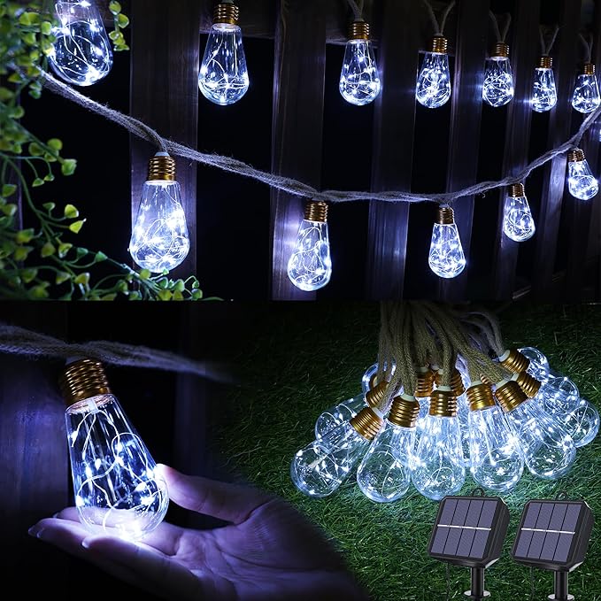 Solar Outdoor String Lights, 2 Pack 20Ft Vintage Rope Hemp Solar Patio Lights, Waterproof White Solar Powered String Lights With 8 Modes 16 Shatterproof Bulbs for Garden Stairs Balcony Café Bistro