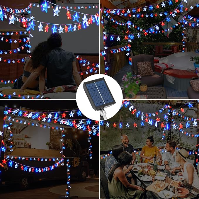 4th of July Decorations Red White Blue Lights with 60Led Big Stars, Solar Powered Rechargeable Independence Day Lights for Indoor Outdoor Home Garden Golf Cart Patriotic Theme Memorial Day Decorations