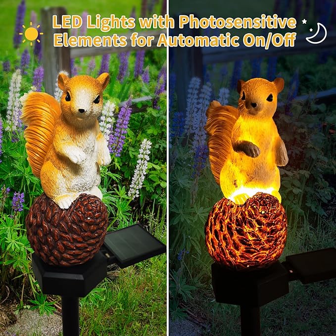 QH & Garden 2-Pack Squirrel and Turtle Garden Statues Decor，LED Waterproof Animals Lights for Garden, Balcony, Yard, Lawn, Pathway, Walkway - Garden Solar Powered Outdoor Decor