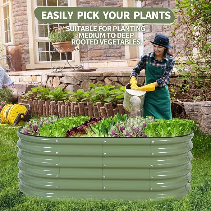 Galvanized Raised Garden Bed - 4x2x1.4FT Metal Planter Boxes Outdoor | Oval Steel Raised Bed Kit for Gardening with Protective Tape, Gloves for Vegetables, Flower, Herb (Green)