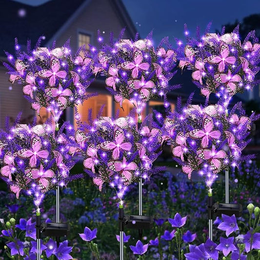 Kohlrabi Solar Garden Lights Outdoor, 6 Pack Solar Butterfly Lights Purple Lavender Gardening Gifts for Women, Purple Artificial Flower with Butterfly Garden Decor for Lawn Patio