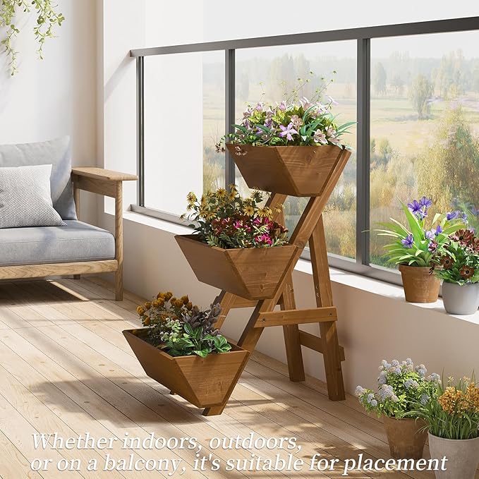 3-Tiers Wooden Raised Garden Bed,Wood Planter Box for Vegetable,Flower Rack,Flower Pot Stands,Indoor Outdoor Gardening Planting Beds (Brown, Small)