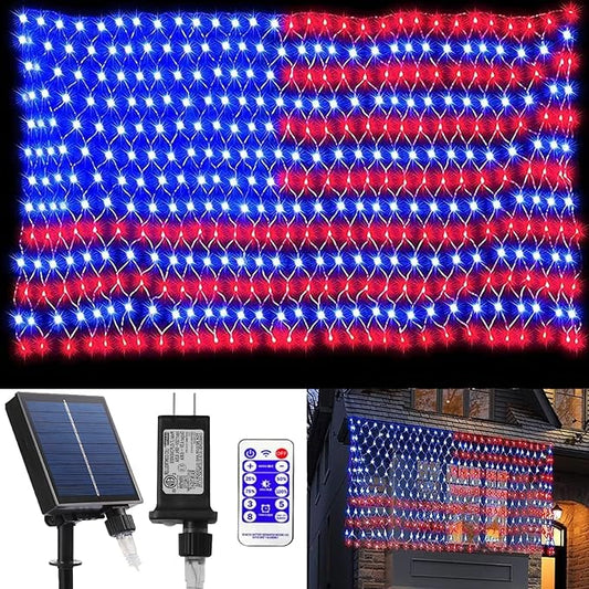 Solar American Flag Lights, Independence Day Decorations 2-in-1 Solar Powered & Plug in US Flag Lights 420 LED 8 Modes Waterproof Flag Lights for July 4th Independence Day, Garden, Yard Decorations