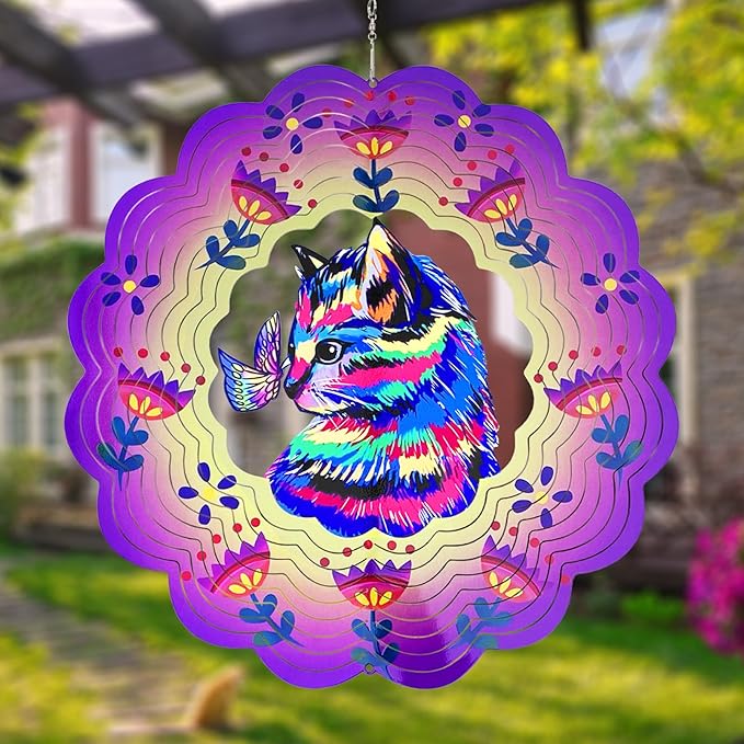 Cat Wind Spinners 3D Hanging Wind Spinner Cat Ornament Gifts for Women Mom Grandma,12inch Metal Wind Kinetic Sculpture for Outdoor&Indoor Decor, Yard Art, Garden Decoration