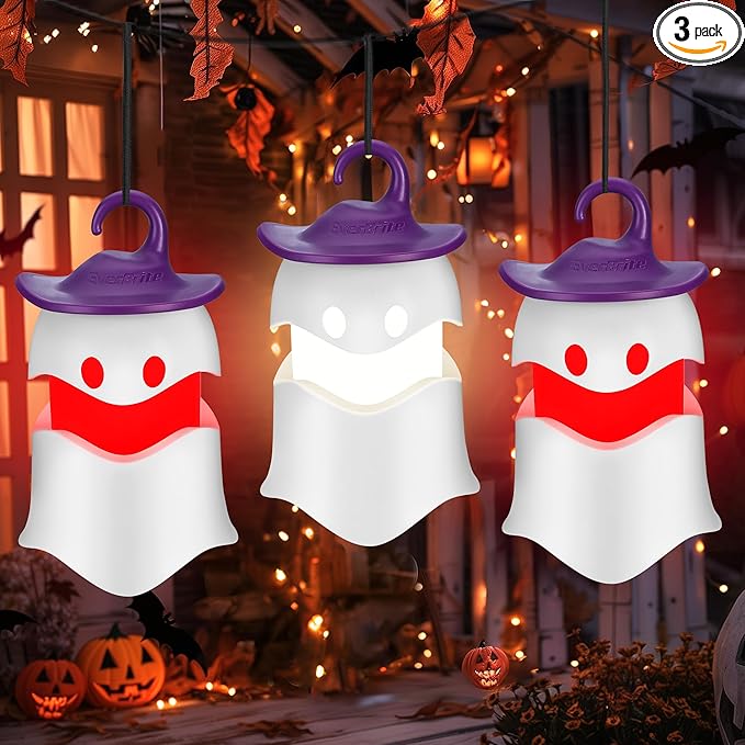 EverBrite 3-Pack Halloween Hanging Ghost Lights, Collapsible Ghost Camping Lantern, Two Color Changing, Indoor/Outdoor Halloween Spooky Party Decorations, Battery Included