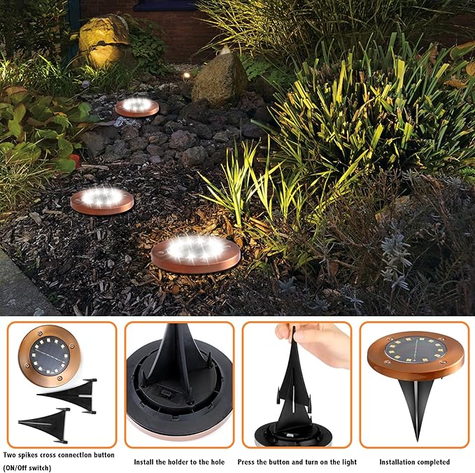 Solar Ground Lights Outdoor Waterproof Flat Garden Solar Disk Lights Floor 12 LED 8 Pack for Garden Patio Pathway Landscape Driveway Yard Path Decor