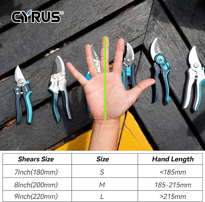 CYRUS Pruning Shears, 8" Pruning Shears Professional Steel Blades with Bypass Edge for Cutting Branches and Twigs up to 24mm in Diameter, Tool for Pruning Garden Branches and Potted Plants (00317)
