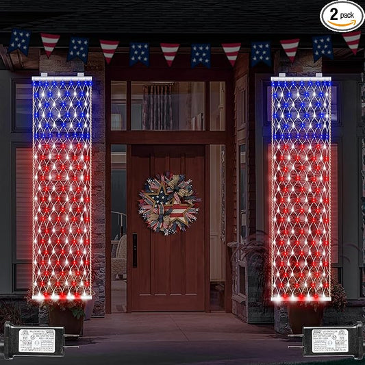 DBFAIRY 2 PCS American Flag Lights, 336 LED 4th of July USA Flag Lights Outdoor with Timer, 8 Modes Red White Blue Banners Lights for Independence Flag Day, Each 6.6Ft (L) x 1.2Ft (W)