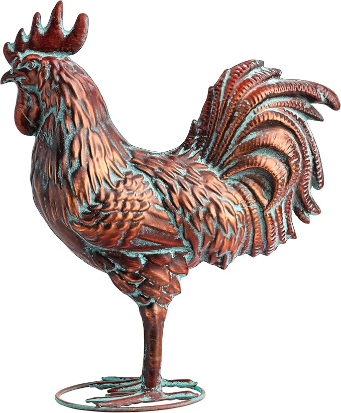 Garden Rooster Statues,15.7" L x 18.8" H Outdoor Metal Chicken Figurines,Antique Copper Chicken Sculptures & Statues Ornaments,3D Large Yard Rooster Decor for Home Kitchen Patio Farm