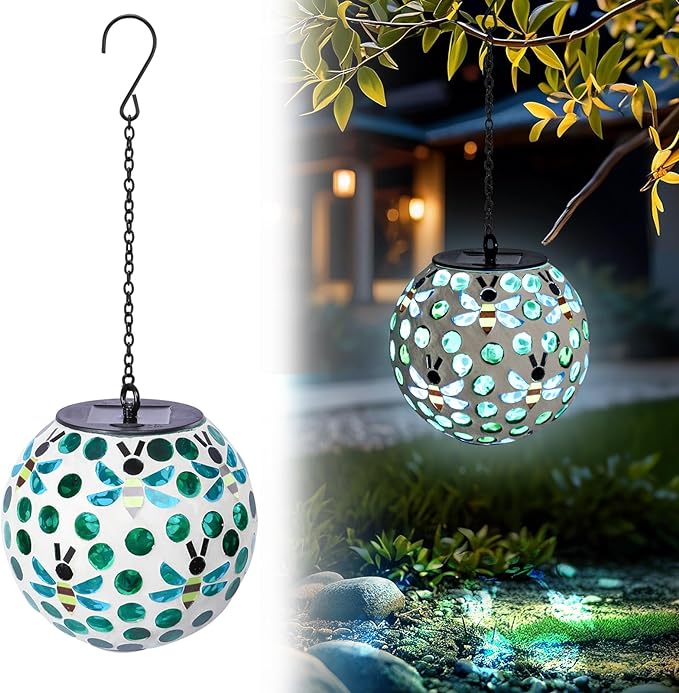VCUTEKA Solar Chandelier Outdoor, Hanging Mosaic SolarLights with Hook Up, Solar Garden Lantern Decor for Yard, Deck and Patio, Green