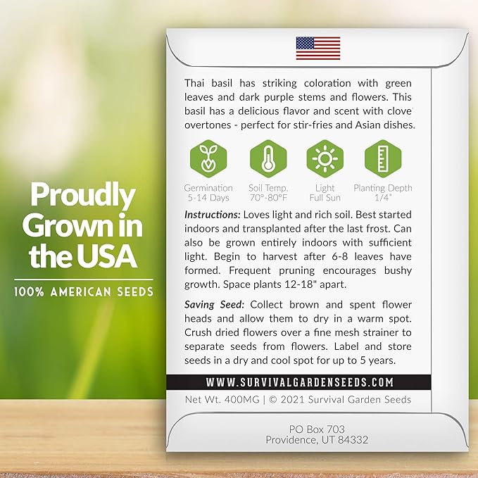 Survival Garden Seeds - Thai Basil Seed for Planting - Packet with Instructions to Plant and Grow Asian Basil Indoors or Outdoors in Your Home Vegetable Garden - Non-GMO Heirloom Variety - 2 Pack