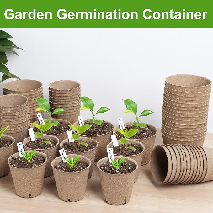 66 Pack Organic Peat Pots, 4 Inch Nursery Pot, Round Plant Seedling Pots with Drainage Holes, Small Seed Starting Starter Tray Bulk, Garden Germination Container with 66 Planting Labels(10 cm)