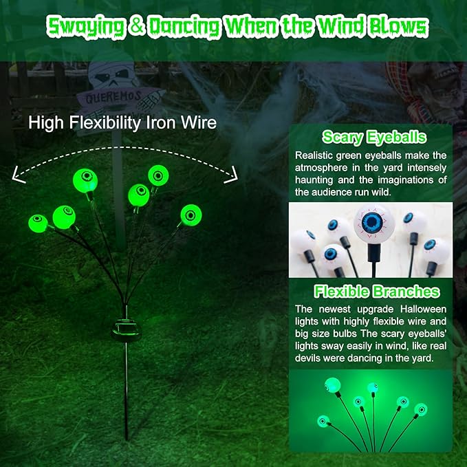 Halloween Decorations Outdoor, 3 Pack 18 LED Scary Solar Eyeball Lights, Green Solar Firefly Lights Outdoor Waterproof, Swaying Solar Halloween Lights for Yard/Garden/Pathway/Lawn/Party Decor