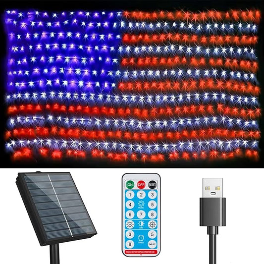 Solar American US Flag Lights [Solar & USB 2 Power Way], 420 LEDs Waterproof USA Net Lights, 6.75 FT x 3.53 for Garden, 4th of July, Independence Day Decoration