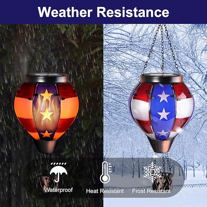 pearlstar Hot Air Balloon Solar Lantern with Flickering Flame Light Outdoor Solar Hanging Lights Waterproof for Garden Yard Farmhouse Patio Pathway Outside Independence Day Decoration,Glass, Star