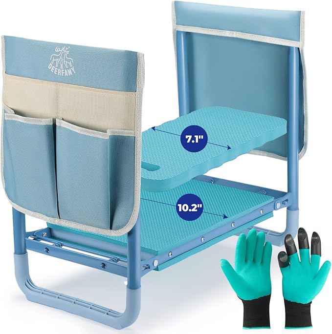 DEERFAMY Garden Stool 10.2" Width, Garden Kneeler and Seat Load Cap 350 lbs, Gardening Gift Heavy Duty with Extra Kneeling Pad, 2 Tool Pouches, Claw Gloves, Blue