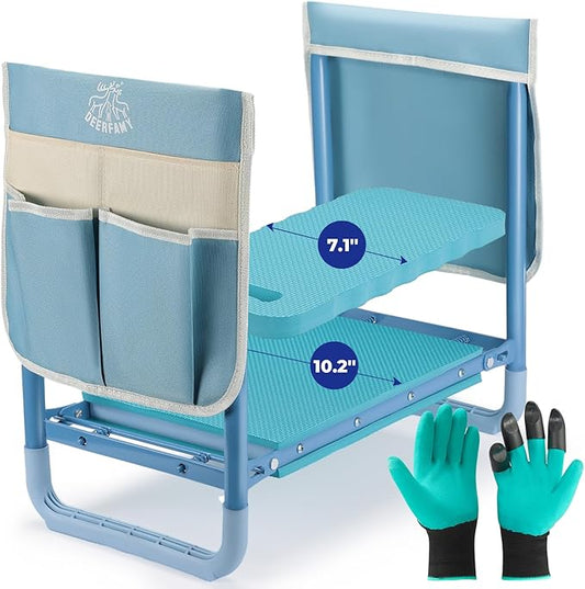 DEERFAMY Garden Stool 10.2" Width, Garden Kneeler and Seat Load Cap 350 lbs, Gardening Gift Heavy Duty with Extra Kneeling Pad, 2 Tool Pouches, Claw Gloves, Blue