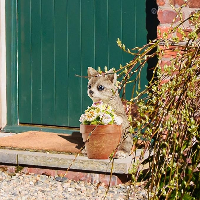 Muldale Cat Solar Light - Cat Garden Statue Outdoor - Solar Powered Cat Garden Decor for Outside - Hand Painted Floral Plant Pot Light Up Cat