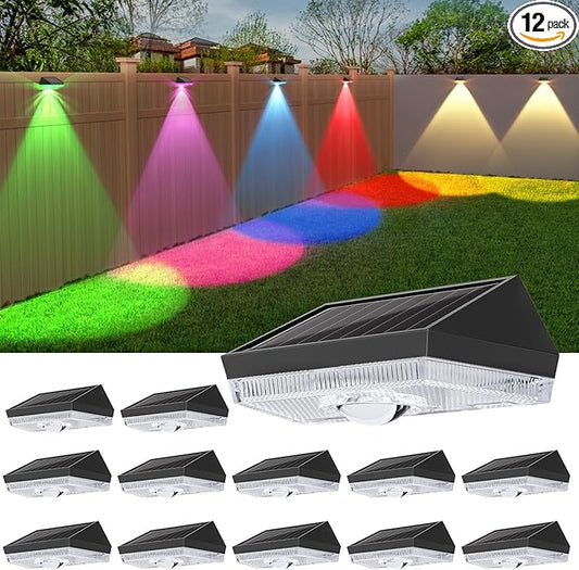 Ellasay Solar Fence Lights Outdoor: IP65 Waterproof RGB Solar Powered with 10 Lighting Modes - Led Lens Wall Decor for Garden Deck Patio Backyard Balcony 12 Pack