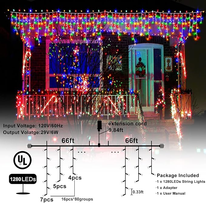 132 ft Christmas Lights -1280 LED Icicle Lights Outdoor with 240 Drops Hanging String Lights, 8 Modes Plug in Waterproof Timer Memory for Holiday Wedding Party Window Garden Decoration (Multicolor)