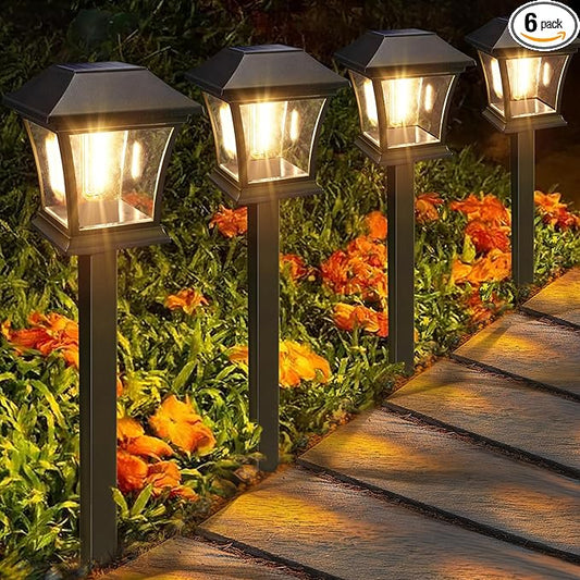 ODEETRONIC Solar Pathway Lights - 6 Pack Solar Garden Lights with Tungsten Filament Bulb, Solar Landscape Lights Outdoor Walkway Lights Waterproof for Lawn Yard Patio Fence Driveway Decor, Warm White