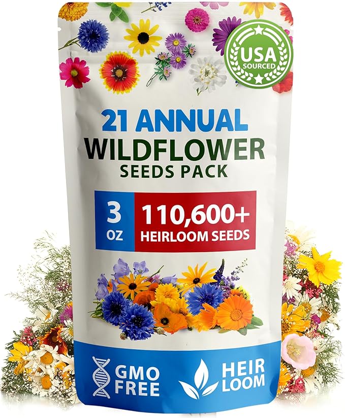 HOME GROWN 112,000+ Wildflower Seeds: Bulk Mix of 21 Varieties, Non-GMO Wild Flower Seed, Bee and Butterfly Garden Variety Pack, Annual Flowers Seeds for Planting, Native Wildflowers for Your Garden