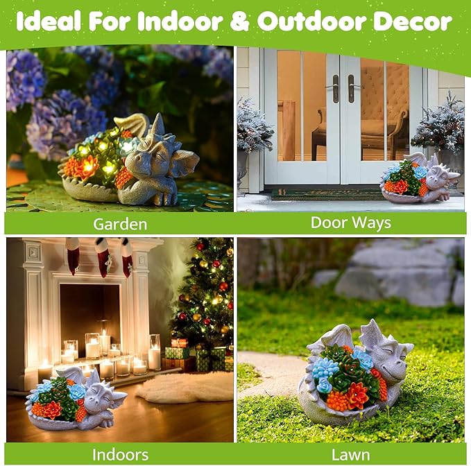 Solar Dragon Statue with Succulent Lights - Dragon Garden Sculptures & Statues，Garden Decor for Outdoor Yard Art Ornaments 9.1inch (Gray)
