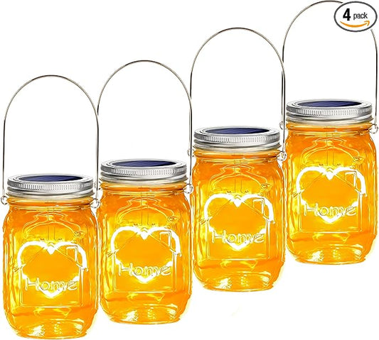 Hanging Solar Mason Jar Lights, 4 Pack Warm Heart Shape Led Lights, Solar Powered Lanterns Outdoor Waterproof, Hangers and Jars Included, Gift for Lover, Home Party Wedding Garden Patio Decor (4)