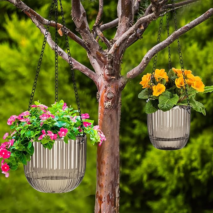 Maxcheck 4 Pcs Self Watering Hanging Planters Indoor 6.5'' 4.5'' Hanging Flower Pots Baskets Outdoor Self Watering Hanging Plant with 3hooks Drainage Holes for Home(Gray)