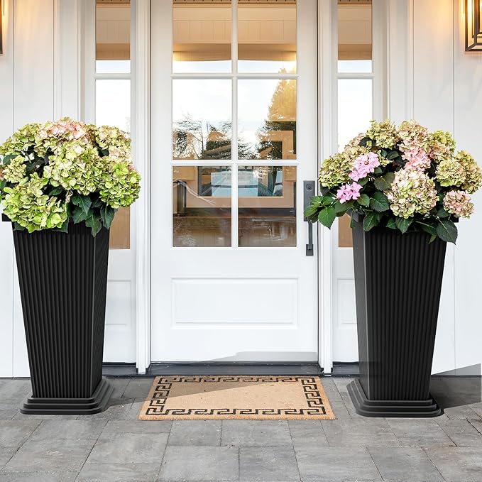 Set of 2 Large Tall Planter for Indoor or Outdoor 24" Tall Flower Pots Tapered Tall Planters with Tray for Porch, Patio, Backyard, Large Planters for Outdoor Indoor Plants(Black,Striped)
