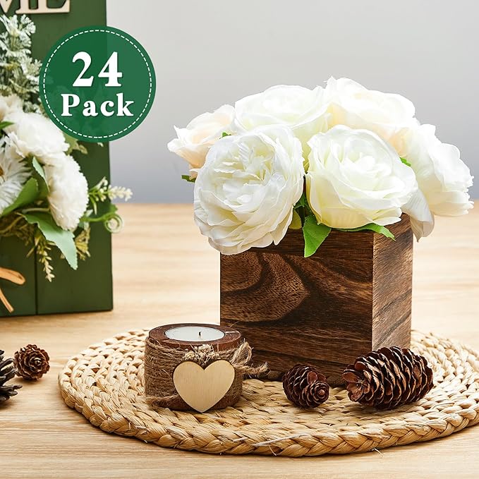 Dandat 24 Set Wood Cube Planter Box Square Wood Vase Rustic Cube Planter Box with Removable Plastic Liner Floral Foam Blocks for Centerpieces Home Wedding Garden Decor, Country Style (Brown)