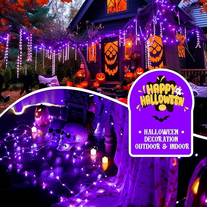 JMEXSUSS 2 Pack Purple Solar Halloween Lights Outdoor, 66ft 200 LED Solar Fairy Lights Outdoor Waterproof, 8 Modes Solar String Lights for Outside Halloween Christmas Decorations