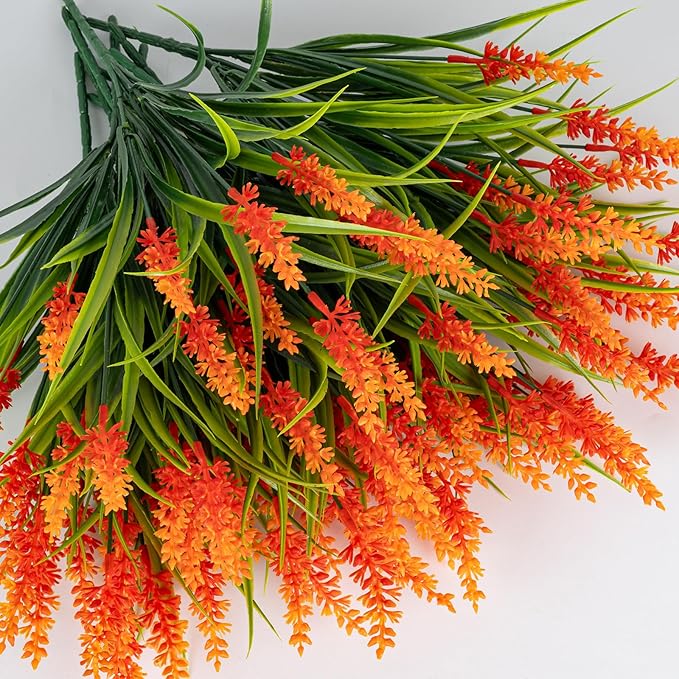 Artificial Flowers for Outdoor Plants 24 Bundles Fake Lavender Plastic Faux Monkey Grass for Verandah Window Garden Office Patio Front Porch UV Resistant for Planter(Orange)