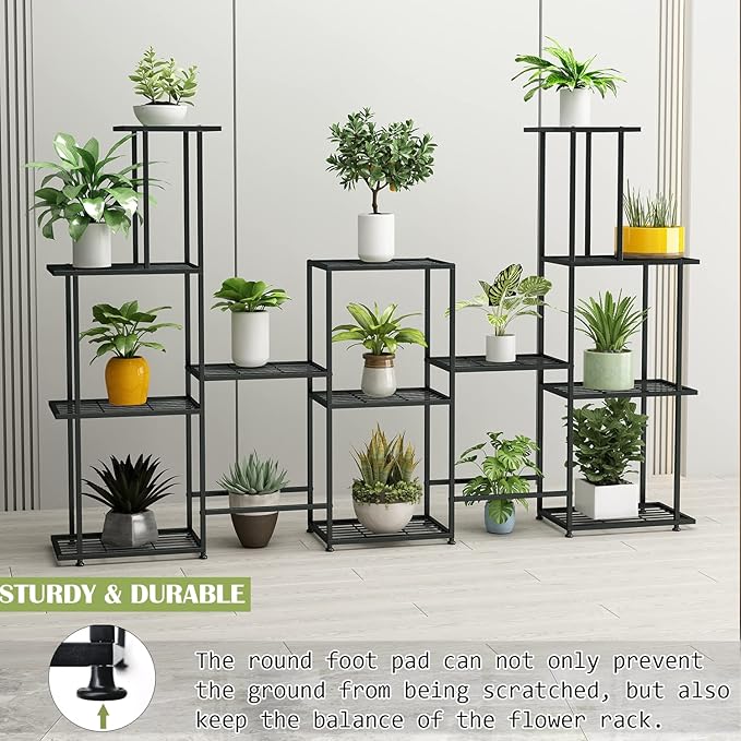 Tall Multi Tier Plant Stand, 13 Tiers Multifunctional Plant Stands for Indoor Plants, Decorative Black Steel Plant Shelf for ontdoor Patio Garden Balcony and Yard