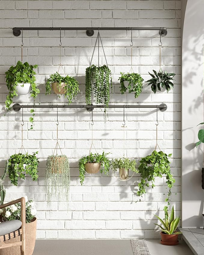 Plant Hanger Indoor, 2 Pack Hanging Planters Rod for Indoor Plants with 12 Hanging Chains, Wall Plant Hanging Rod for Window Ceiling, 65.7 Inch, Metal/Black, Pots Not Included…
